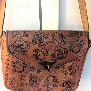 Brown Leather Crossbody Bag with Floral Embossing